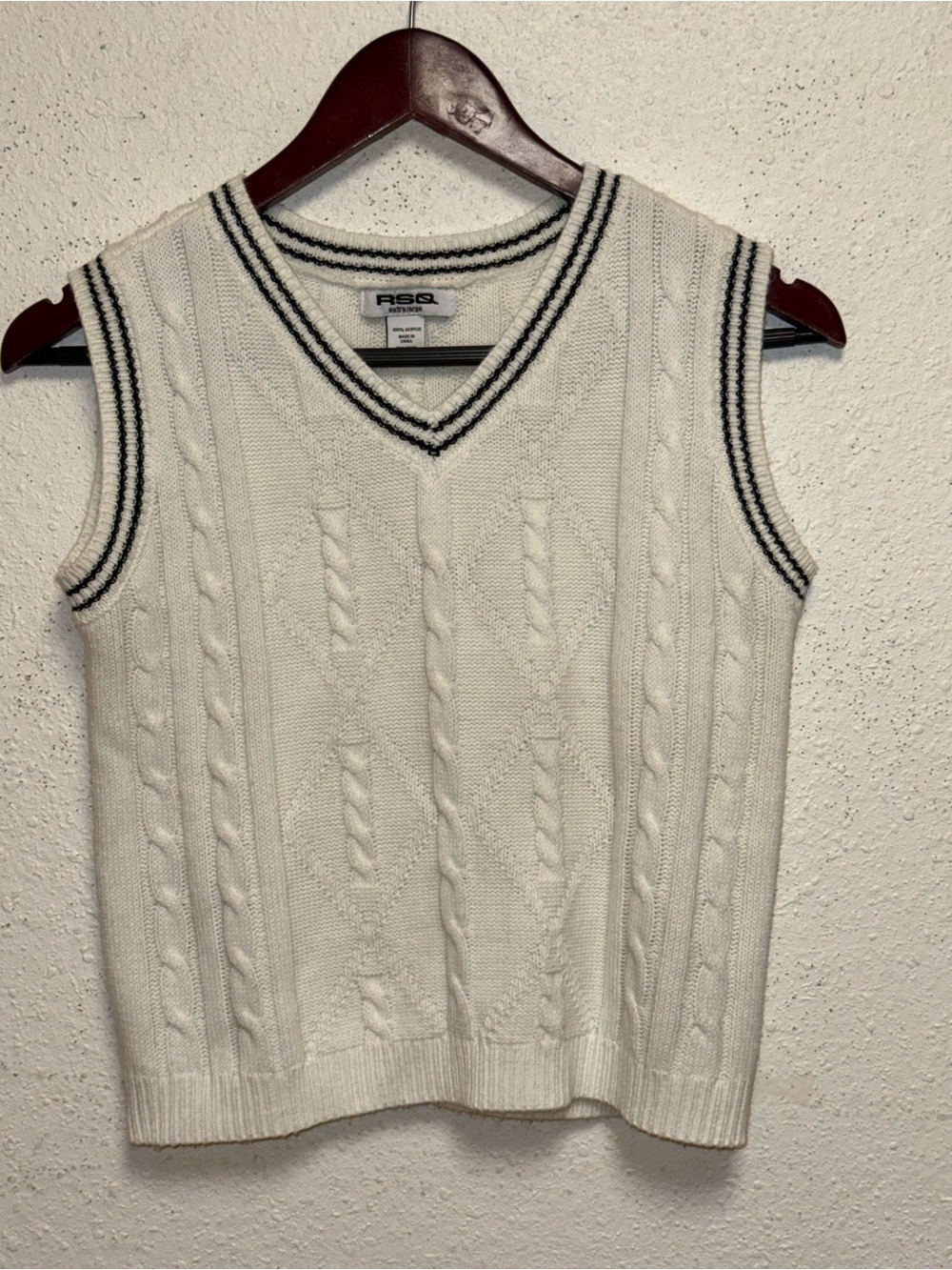 RSQ Cream Cable-Knit V-Neck Sweater Vest with Black Trim
